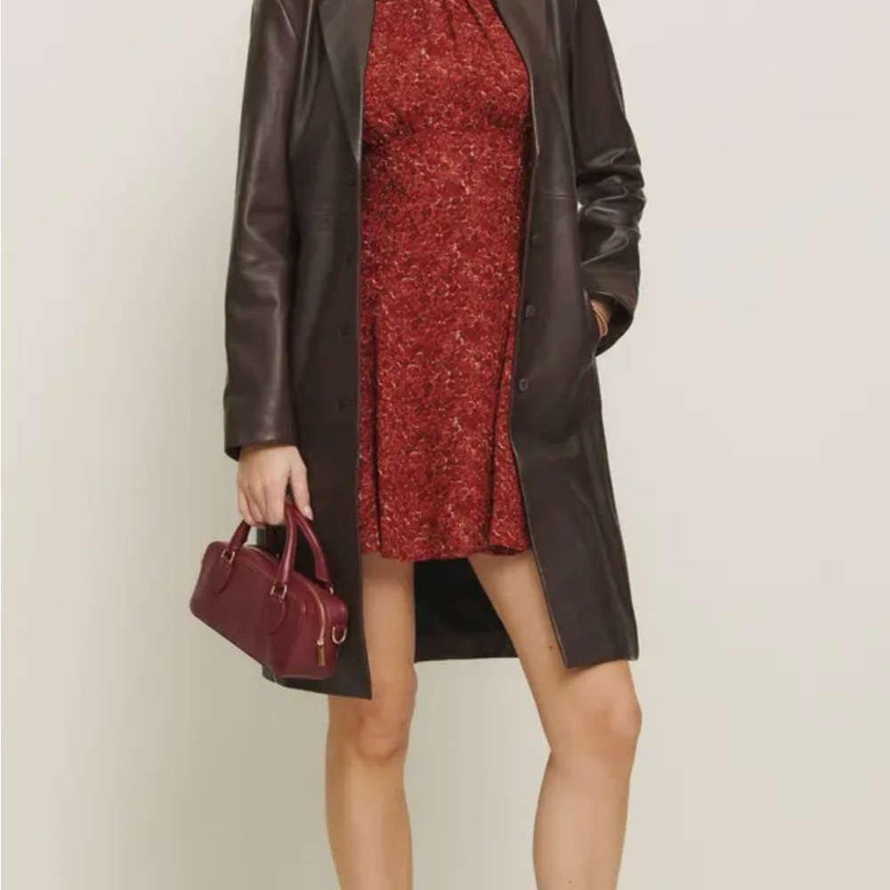 Reformation Red Mini Dress with Brown Leather Coat